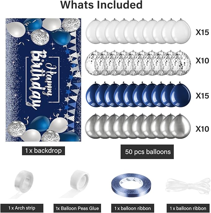 Tatuo Navy Blue Birthday Confetti Balloons Kit Set Photography Backdrop Banner Package for Boys Girls Men Women Birthday Party Decorations Supplies(Navy Blue and Silver)