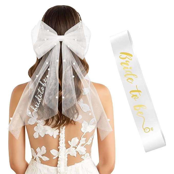 Gold Bride to Be Sash & White Hair Bow Veil for Bachelorette Party, 2Pcs Bridal Veil and Sash Set for Women and Girls,Bach Party Favors Accessories for Wedding Bridal Showers Engagement Party Supplies