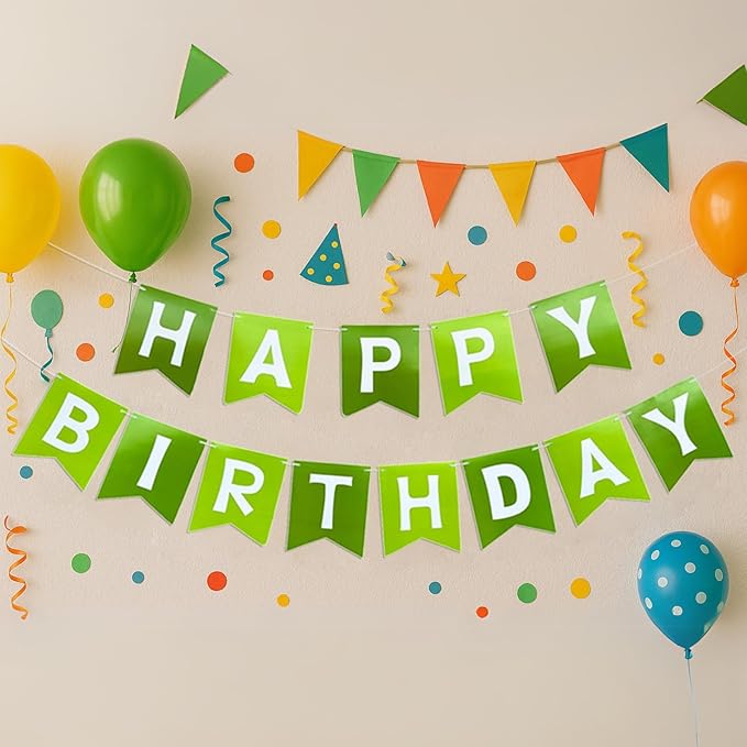 Green Happy Birthday Banner - Hanging Backdrop Sign with White Letters, Happy Birthday Sign Bunting Decorations for Women men Kids Baby Shower Party Supplies (13pcs)