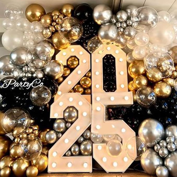 Black and Gold Balloon Garland Arch Kit New Year with 4D Disco Ball Explosion Star Balloons, Black Silver Gold Balloons for 2026 New Year Eve Grad Birthday Retirement Party Decorations