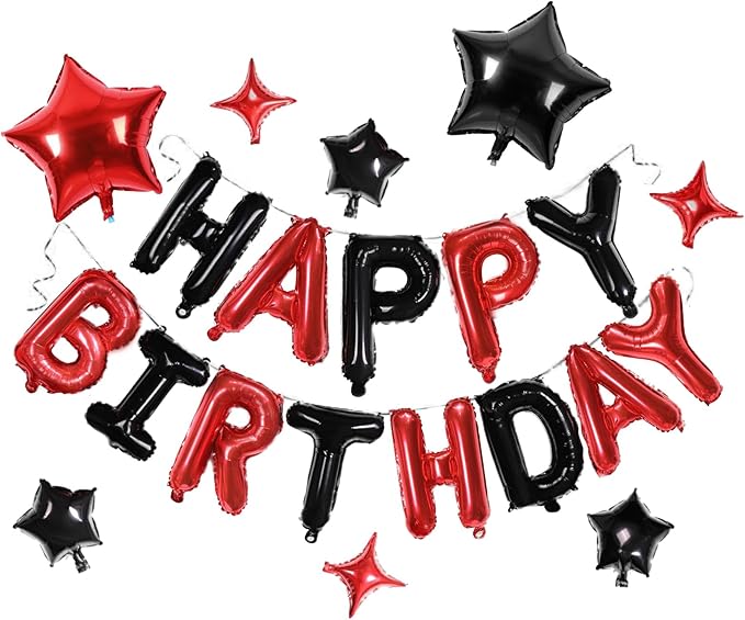 3D Mylar Foil Happy Birthday Banner, 26pcs Party Decorations With 8pcs Star Balloons for Men Women Adults, Ecofriendly Supplies, Black Red