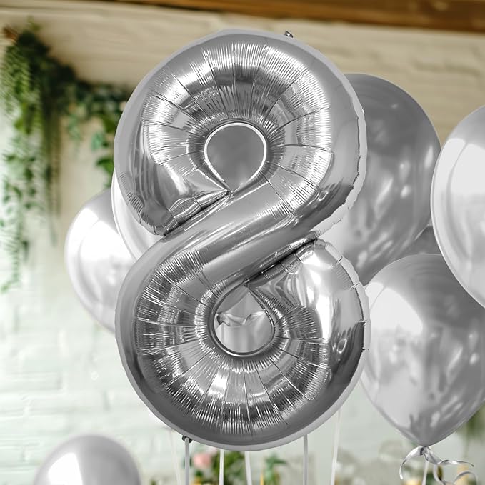 40 Inch Large Silver Number Celebration and Decoration Balloon for Birthday Parties, Graduations, Anniversaries, Weddings, Photo Shoots, Special Events - Helium Foil (Silver Number 8)