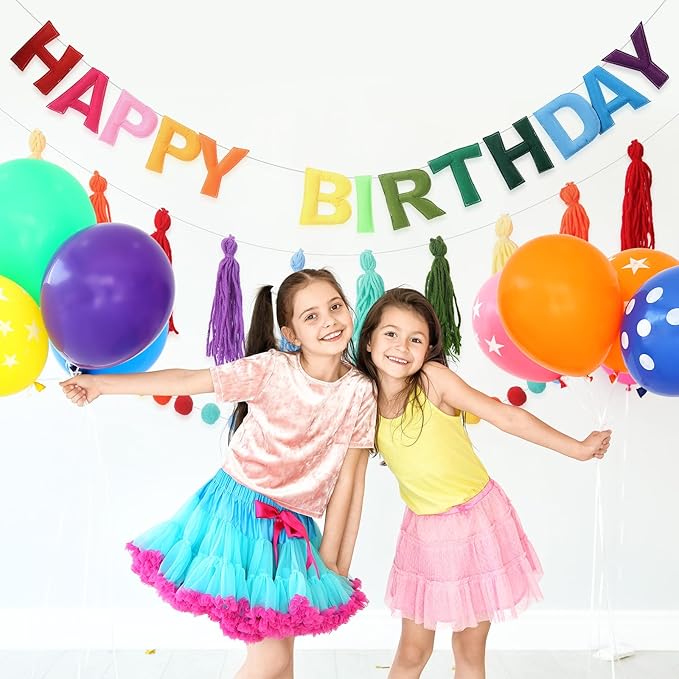 Pre-Strung Happy Birthday Banner Rainbow Decorations Felt Ball Garland Happy Birthday Sign for Party Decorations Unicorn Party Decor (Rainbow)