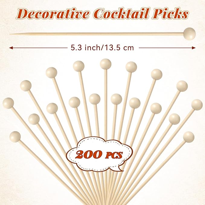 200 Pcs Ball Toothpicks, 5.3 Inch Balls Cocktail Picks for Appetizers, Round Bamboo Toothpicks, Wooden Decorative Toothpicks Skewers for Holiday Birthday Party Decorations (Ball)