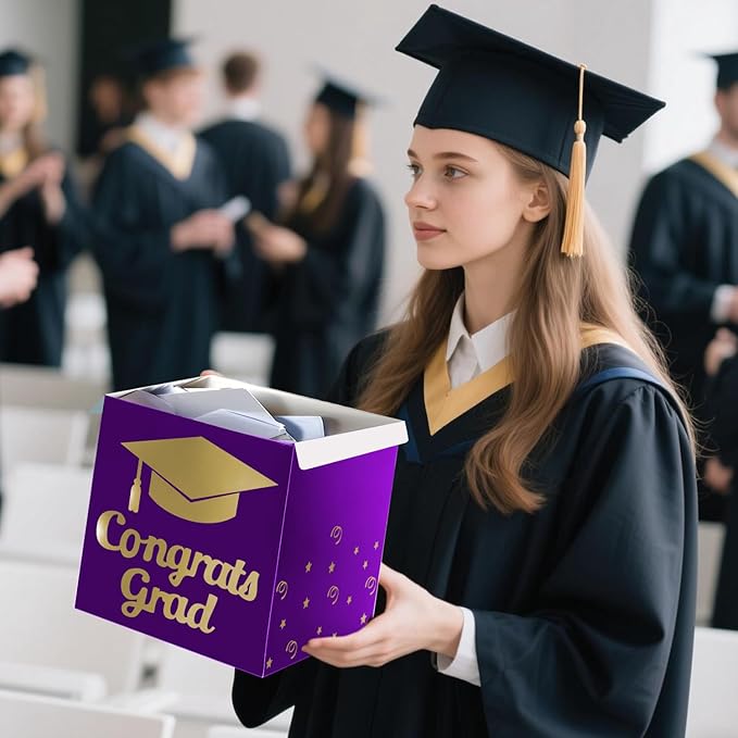 Graduation Card Box Holder, Congrats Grad Foldable Cardboard Decorations Box for Graduation Party Decoration and Grad Parties (Purple)