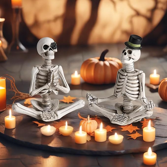 Halloween Decorations Indoor, Gothic Skeleton Couple Decor for Home & Office, 2 Pack Small Resin Skull Figurines, Spooky Tabletop Sculptures for Desk, Bookshelf, Haunted House