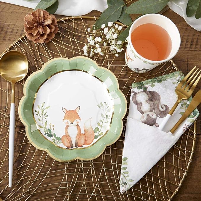 Kate Aspen Woodland Baby Shower Decorations, 62-Piece Disposable Paper Plates & Napkins Party Supplies for 16 Guests - Woodlands Animals Theme for Baby Boy Shower Table Decorations, Gender Reveal