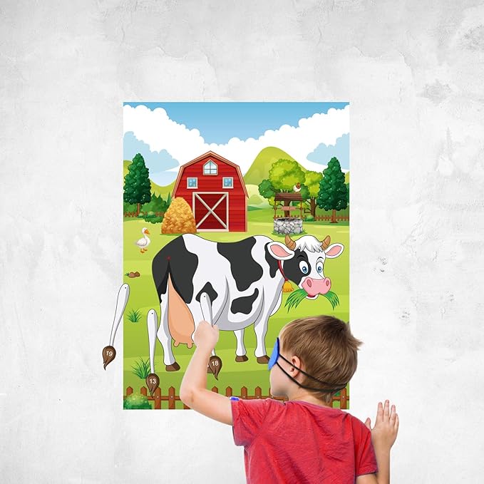FEPITO Pin The Tail on The Cow Birthday Party Game with 24 Pcs Tails for Decorations, Kids Birthday Party Decorations