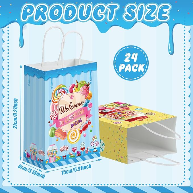 24 Pcs Candy Sweet Land Goodie Bags with Handles Lollipop Gift Bags Candy Party Favors Sweet Shop Theme Treat Boxes for School Birthday Wedding Baby Shower Party Decor