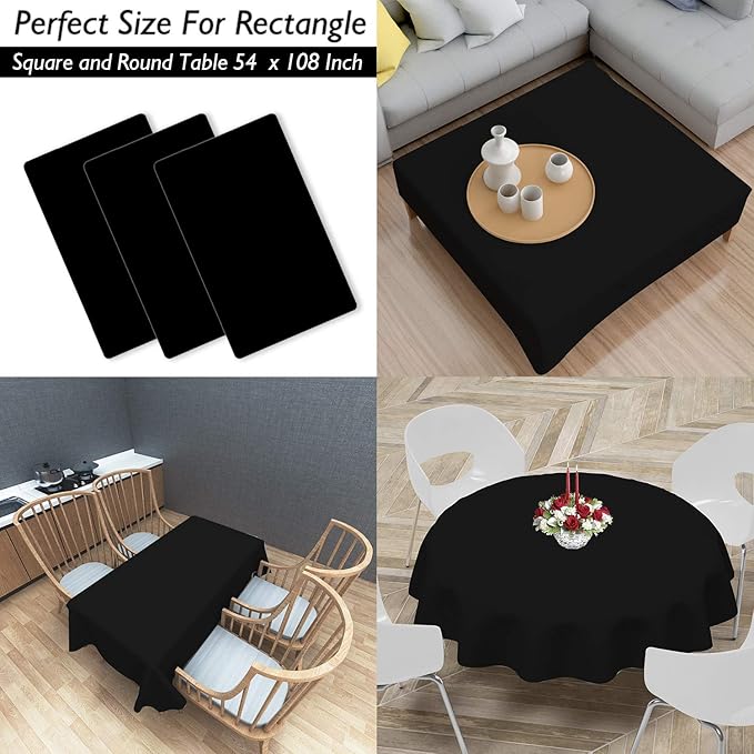 Childom 3 Pack Plastic Tablecloths for Rectangle Tables 54" x 108" Black Disposable Table Cloths for 6 to 8 Foot Tables Indoor or Outdoor Parties Birthday Wedding Christmas Anniversary Buffet Table