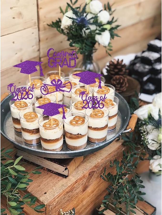 2026 Graduation Theme Cupcake Toppers Glitter Class of 2025 Graduation Cap Diploma Cupcake Picks - Set of 24 (Purple2)