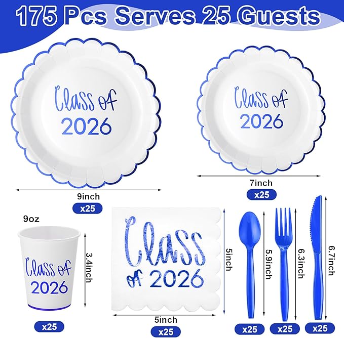 Class of 2026 Graduation Party Supplies, 175 Pcs Congrats Grad Paper Plates Napkins and Cups Cutlery Disposable Tableware Set for College High School Congrats Decorations, Serves 25(Blue)
