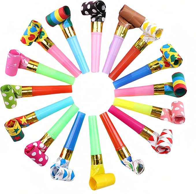 30-Pack Colorful Party Blowouts Noise Makers - Squawker Horns for Birthday, Wedding, New Year, Graduation - Fun Creative Toy Whistles with Automatic Roll-Out & Durable Material (Random Colors)