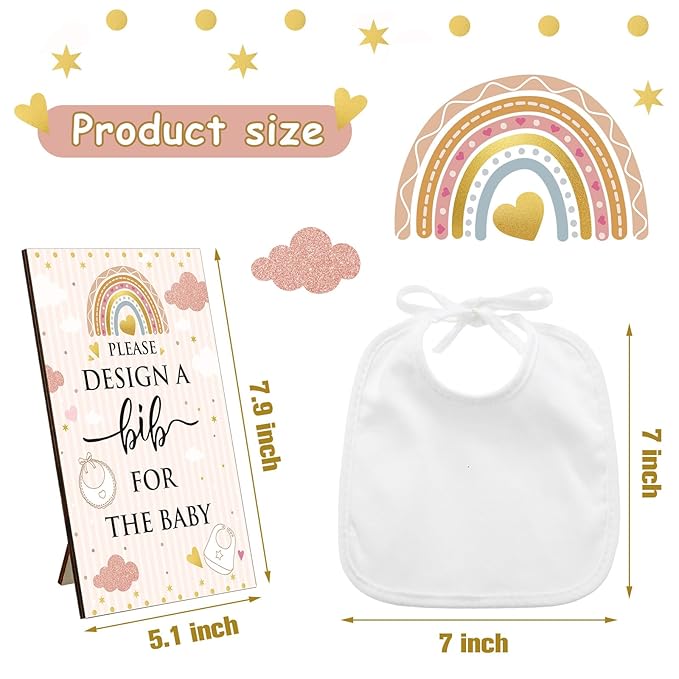 Panitay 43 Pcs Baby Shower Games White Bibs Design, Include Wooden Baby Shower Game Sign, 30 DIY Blank White Bibs, 12 Markers for Gender Reveal Party Decorating Supplies(Boho)