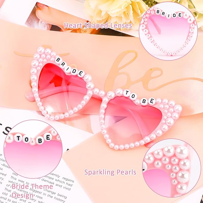 Bride to Be Set: Pearl-Trimmed Heart Sunglasses, Pearl BRIDE Sash & Tulle Veil - Bachelorette Party Bridal Accessories