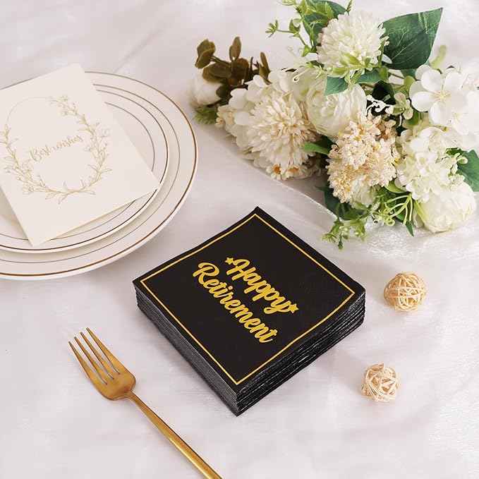 Vuzvuv 50 Pack Happy Retirement Cocktail Napkins - Disposable Paper Hand Napkins for Retirement Parties Farewell Gatherings Office Send-Off Party Decorations Table Decor (5" Folded 2 Ply - Black)