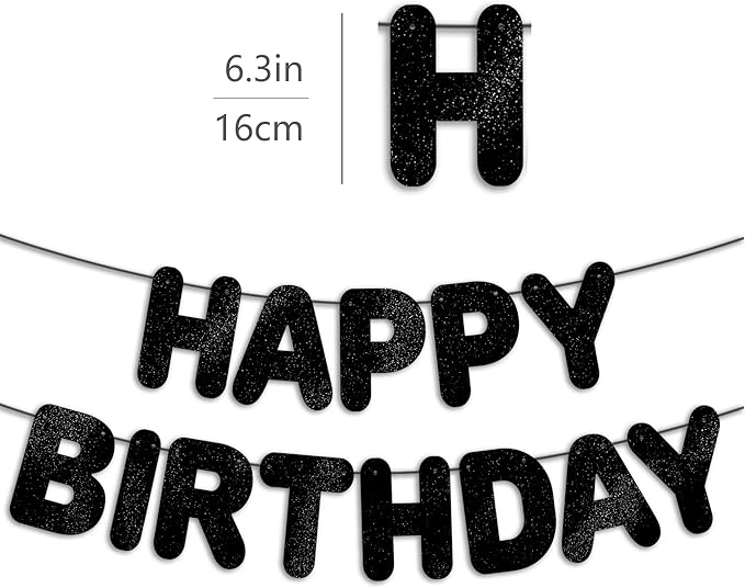 Pre-Strung Happy Birthday Black Glitter Banner, Black Birthday Party Decorations for Men, BDAY Party Backdrop Sign for Him