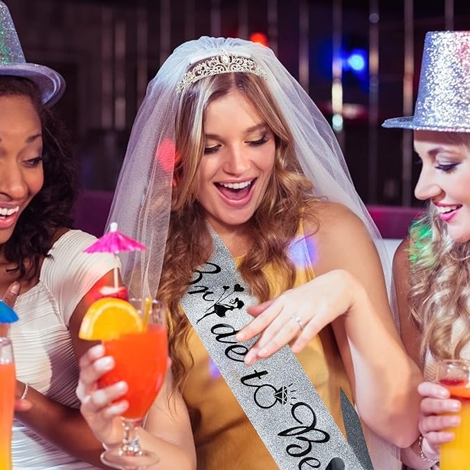 CIEHER Crystal Crown + Bride To Be Sash + Veil Set, Bachelorette Party Favors Bridal Shower Decorations