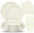 96 Pcs Ivory Paper Plates and Napkins Set Party Supplies, Tableware set for 24 Guest include Disposable Ivory Scalloped Plates, Napkins and Forks for Baby Shower Bridal Shower Wedding