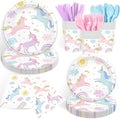 168PCS Unicorn Party Supplies Pastel Rainbow Unicorn Birthday Decorations Kit Sun Cloud Paper Plates Napkin Cups Forks Knives Favors for 24 Guests