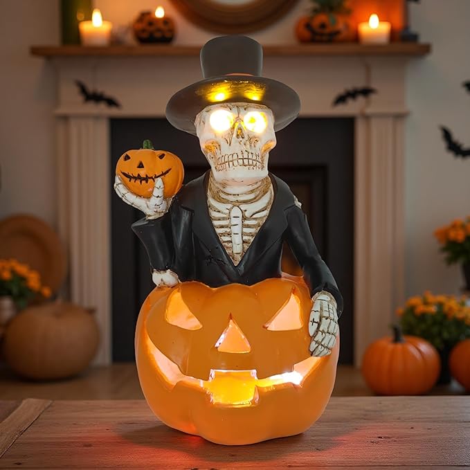 Solar Outdoor Decorations Wizard Skeleton with Pumpkin Figurine Lights, Fall Pumpkin Garden Decor for Yard Patio Porch, LED Skull Gothic Party Accessories, Home Gift for Mardi Gras Shrove Tuesday