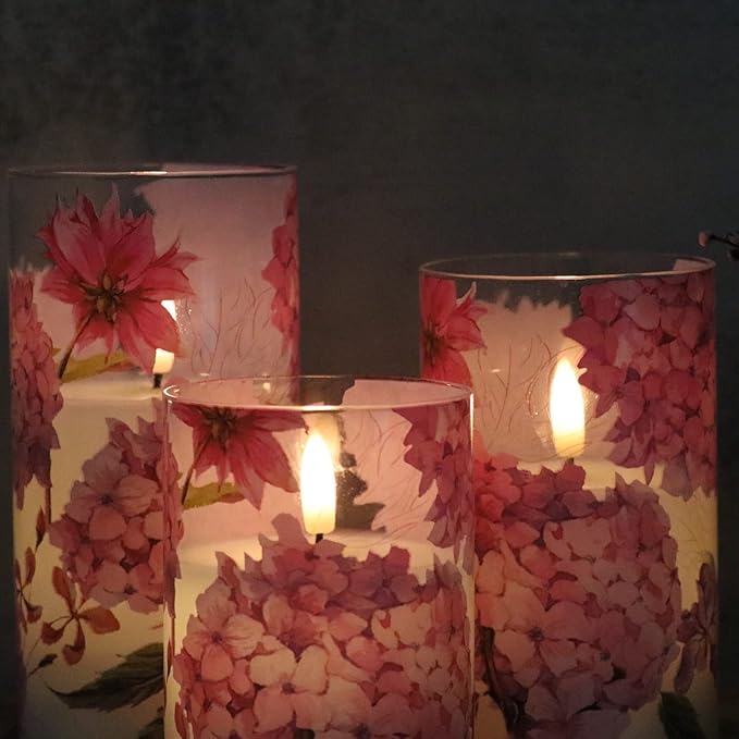Glass Flameless Candles with Remote Timer, Pink Hydrangeas Decals Battery Led Pillar Candles Flickering Real Wax Pack of 3 for Mother's Day Gift, Wedding Dinner Home Decor, Φ 3" H 4" 5" 6"