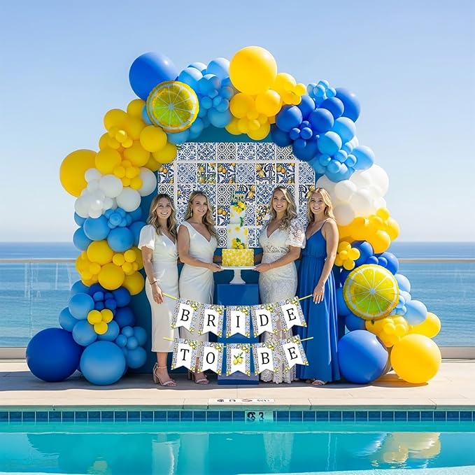 Lemon party decorations with Royal Blue Yellow White balloon arch kit Lemon foil balloons Banner Backdrop for bachelorette bridal shower capri italian amalfi coast wedding Bride to be decorations