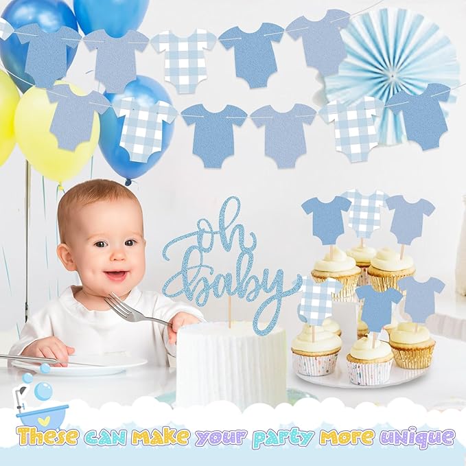 2 Pack Boy Blue Bodysuit Banner,1Pcs Blue Glitter Cake Toppers,12 Pcs Cupcake Toppers Happy Birthday Decoration Kit-Bodysuit Theme Kit Party Decoration Baby Shower Party Supplies Decor for Baby Shower