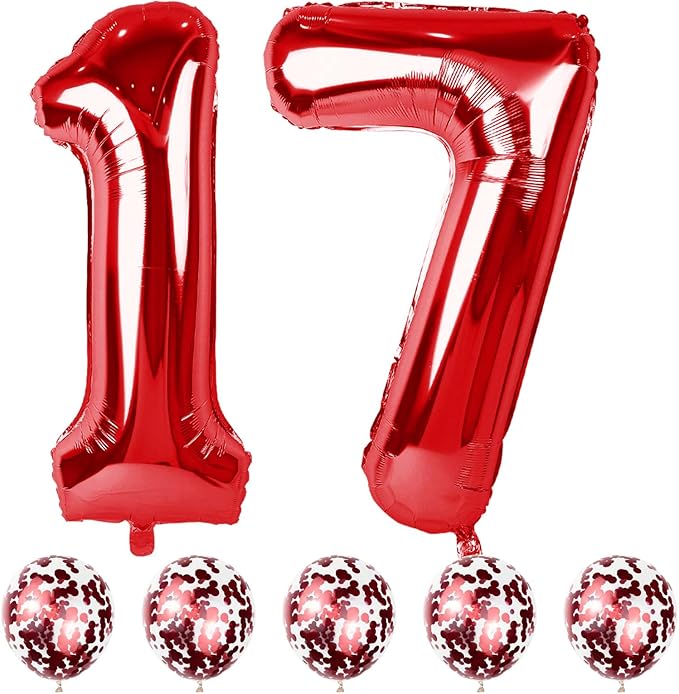 40 Inch Number 17 Foil Balloons, Large Red 17th 71st Birthday Digit With Confetti Helium, Number 1 & 7 Self Inflating for Boys Girls Anniversary Party Decorations