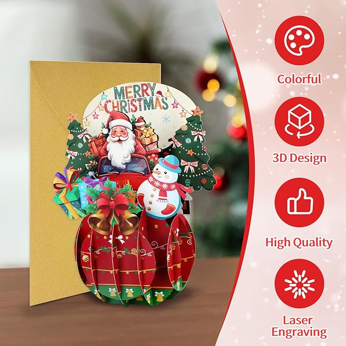 FaCraft Pop Up Christmas Card - with Envelope and Seal, Handmade 3D Merry Christmas Gift for Winter, Holidays, New Year (Santa Driving Truck)
