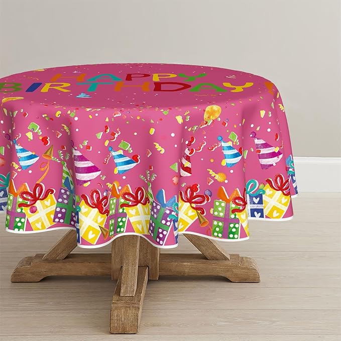 Horaldaily Birthday Tablecloth 60x60 Inch Round, Happy Birthday Ballon Pink Washable Seasonal Table Cover for Party Picnic Dinner Decor