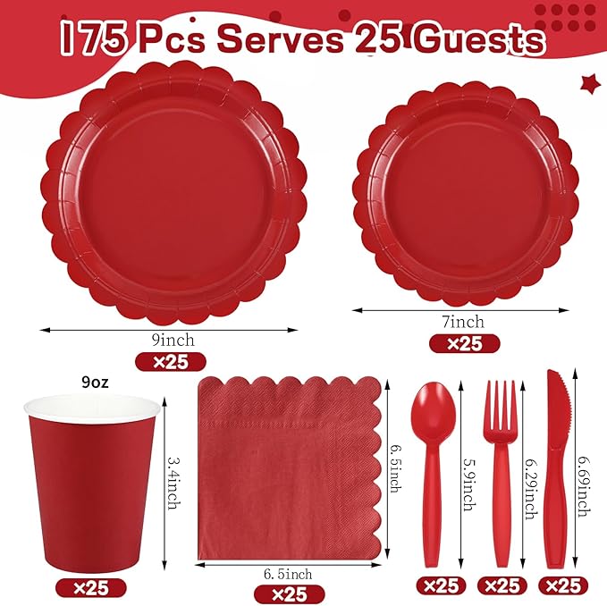 175 Pcs Red Plates and Napkins, 25 Guest Red Party Decorations Include Paper Plate and Napkins Cups Plastic Spoons Forks Knives for Birthday, Picnic, Graduation