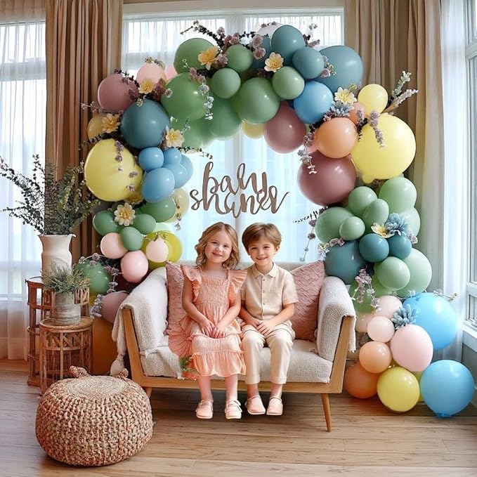 Pink Blue Green Balloon Arch Kit with Artificial Flowers, Double Stuffed Light Baby Yellow Pink Blue Green Pastel Floral Balloon Garland for Baby Shower Wedding Birthday Easter Fairy Tea Party Decor