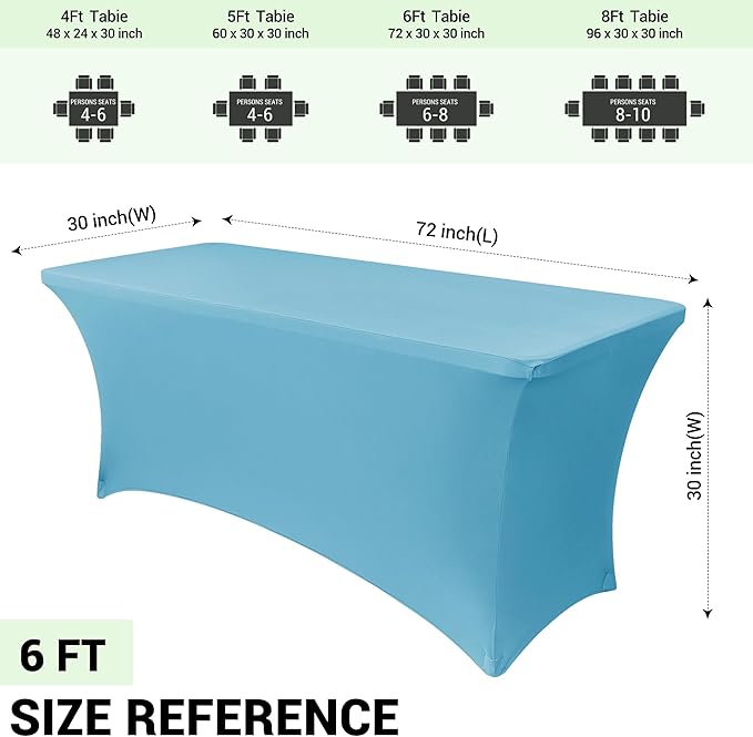 Obstal 6ft Stretch Spandex Table Cover for Standard Folding Tables - Universal Rectangular Fitted Tablecloth Protector for Wedding, Banquet and Party, 72L x 30W x 30H Inches, Light Blue, 2pc