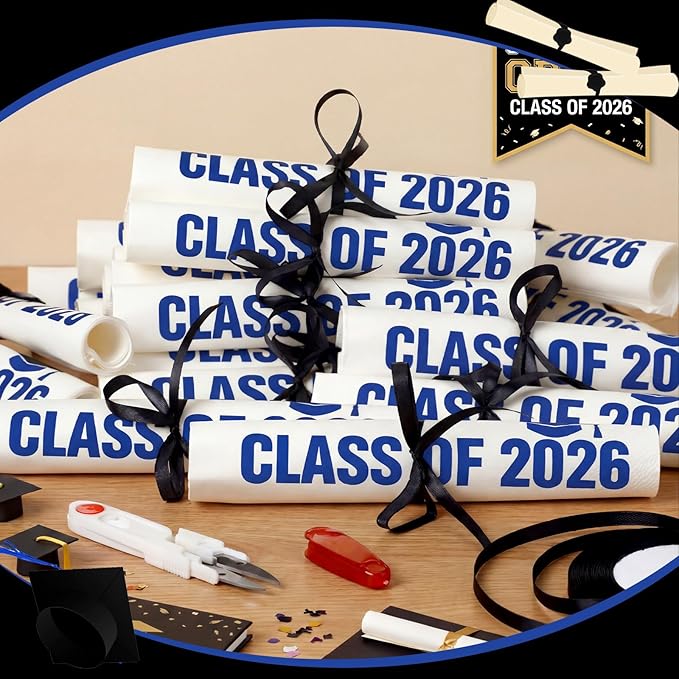 100 Set Graduation Class of 2026 Guest Blue Napkins Black Rolled Silverware Disposable Grad Award Dinner Napkin with Ribbon and Scissors for Celebration