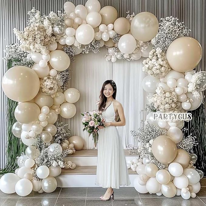 Sand White Pearl Balloon Arch Double Stuffed Pastel Cream Beige Nude White Latex Balloon Garland Kit for Neutral Bridal Wedding Engagement Baptism Birthday Valentines Party Decoration
