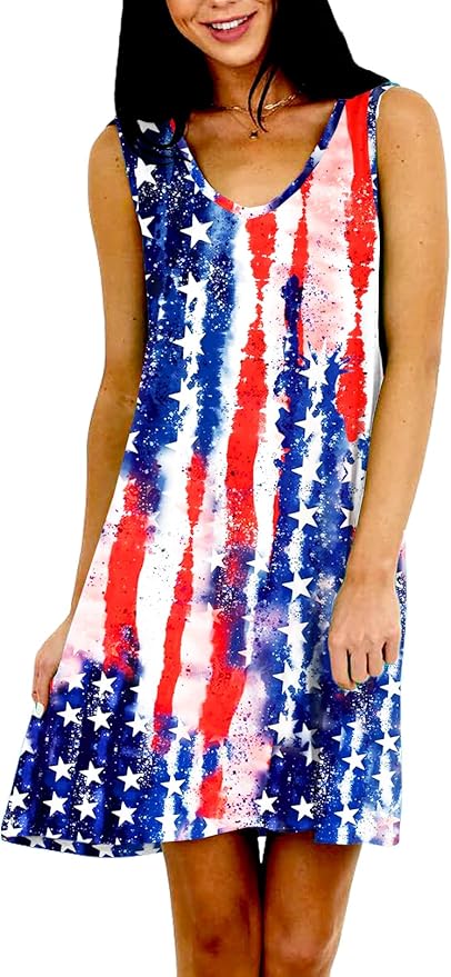 Deerose Women 4th of July Sleeeveless Dress Patriotic V Neck Tank Dresses with Pockets