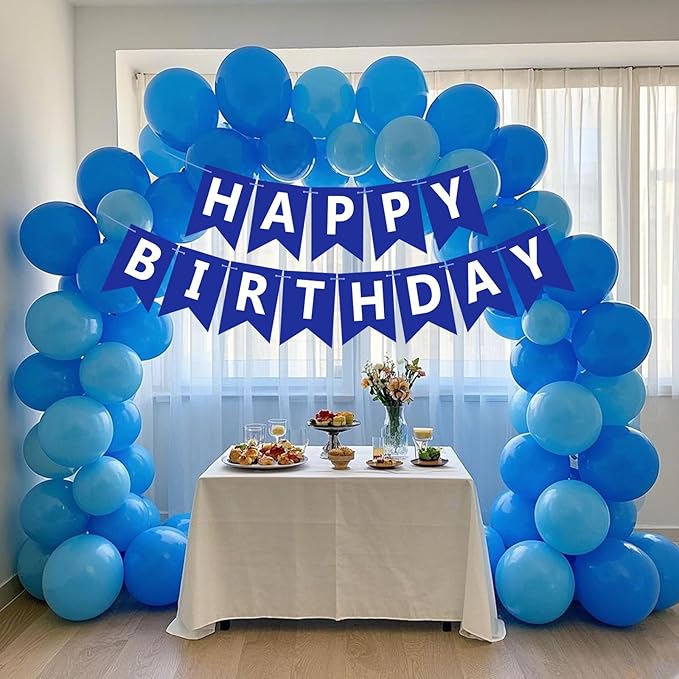 Happy Birthday Banner Sign, Birthday Garland Wall Door Hanging Banners Flag for Women Men Boys Girls Party Backdrop Decorations, Personalized Name Banner White Letters Blue