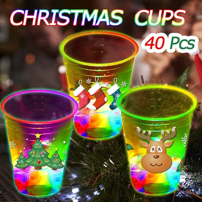 mishunyus 40 Pcs Christmas Party Cups, Glow Christmas Flashing Theme Cups, for Holiday Party Supplies, for Nighttime Fun, BBQ, Christmas Decor, with 8 pattern