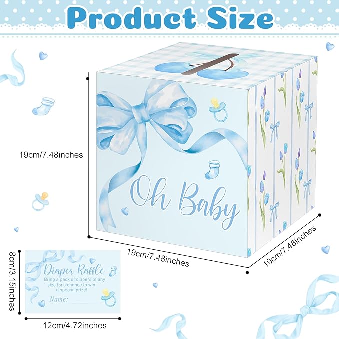 Funrous 51 Diaper Raffle Tickets with Box for Baby Shower Game Invitations Diaper Raffle Card for Gender Reveal Baby Shower Party Decoration Table Centerpiece(Blue Color)