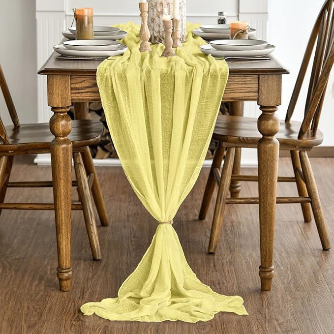 Artoid Mode Boho Light Yellow Gauze Wedding 6Pcs Table Runner, 120 Inch Seasonal Fabric Kitchen Dining Holiday Table Decor for Home Party Indoor
