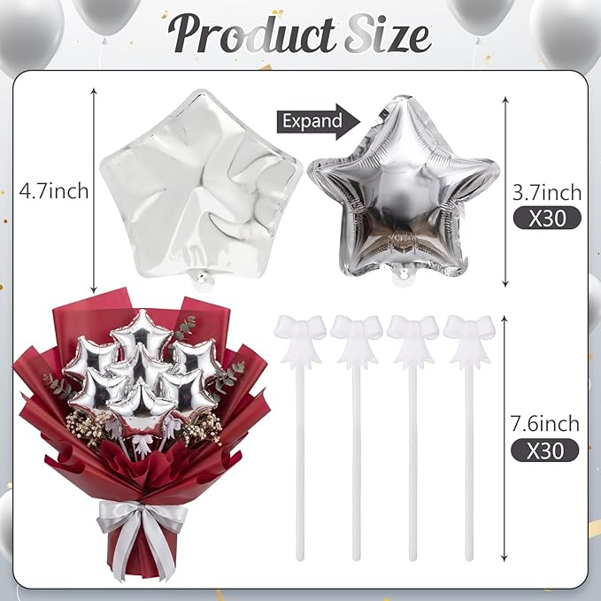 30 Pcs Star Self Inflatable Balloons with Bow Stems Star Foil Balloons Mini Pentagram Decoration for Patriotic Independence Day Graduation Birthday Baby Shower Anniversary(Silver,4 Inches)