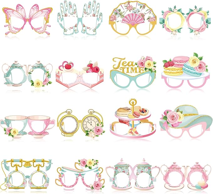 Pajean 32 Pcs Tea Party Decorations Eyeglasses Tea Time Themed Paper Glasses Supplies Floral Photo Booth Props Frame for Garden Floral Bridal Shower Birthday Party Decor Favors Supplies