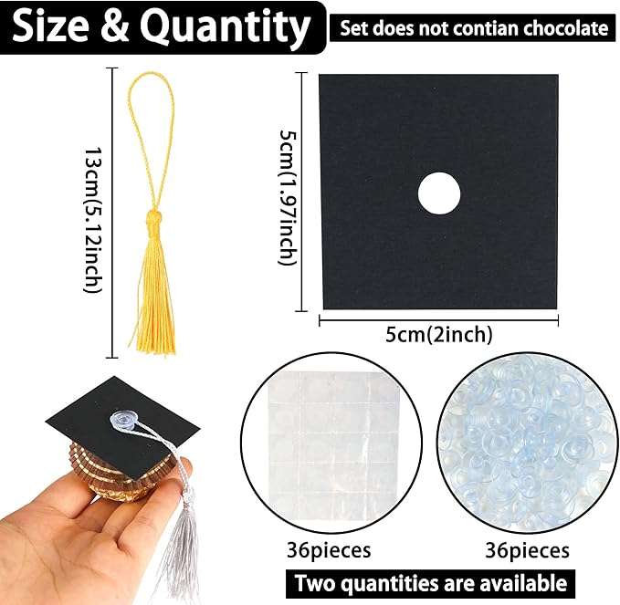 Gyufise 36Pcs 2026 Graduation Cap Cupcake Toppers with Tassel Adhesive Dots Chocolate Decorations Class of 2026 Congrats Grad Cap Cupcake Decorations for 2026 Graduation Theme Party Supplies Gold