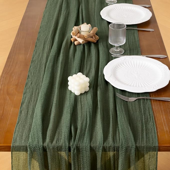 Socomi Green Cheesecloth Table Runner Olive Easter Spring Gauze 120 Inch Rustic Boho Cheese Cloth Runner for Wedding Party Baby Bridal Shower Centerpiece Decoration Holiday Home Decorations