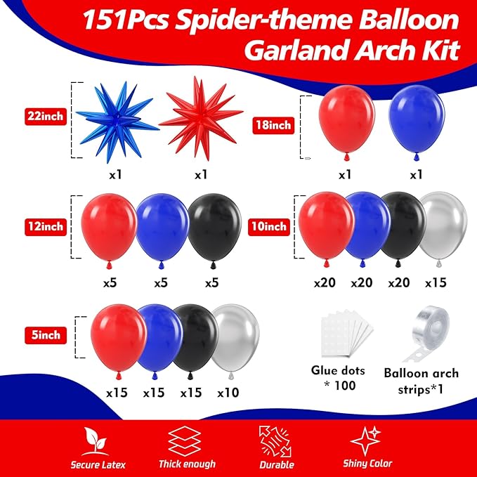 Spider Balloon Arch Garland Kit - 151Pcs Spider Theme Birthday Decorations Royal Blue Black Red Silver Spider Arch Kit for Man Baby Shower Super Spider Hero Theme Boys Kids Party Decorations
