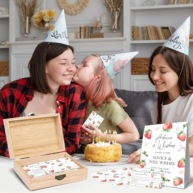 Strawberry Bow Baby Shower Advice Cards Box, Babies Party Decor Gifts, Baby Shower Wishes and Advice Card Boxes for Babies Party, 50 Double Sided Strawberry Cards, Wooden Advice Boxes for New Parents