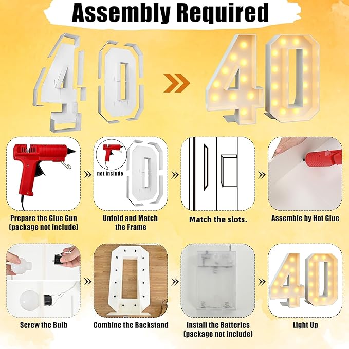 4ft Light Up Numbers Marquee 40 Numbers with Lights White Slots-in Frame for Men Women 40th Birthday Party Decorations Pre-Cut Mosaic Cardboard Large Cut-Out Thick Foam Board Sign Anniversary