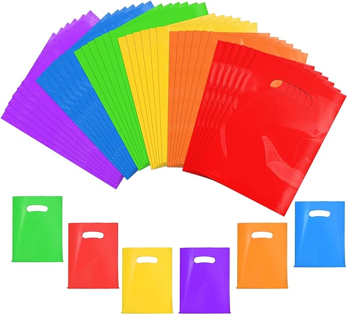 36 PCS Plastic Party Favor Small Gift Bags, 6"x8" Goodie Bags for Kids, Candy Treat Pouches Bulk with Handle for Kids' Birthday Party, Thanksgiving, Christmas, Halloween, 6 Colors