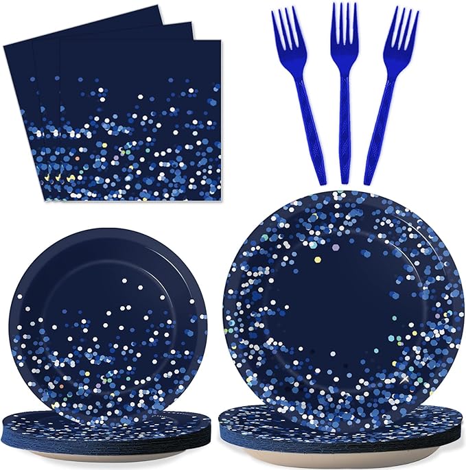 96 Pcs Blue and Silver Party Supplies Dot Confetti Paper Plates Sparkly Glitter Theme Party Decoration Confetti Party Tableware Set Bridal Shower Birthday Party Paper Plate Napkin Fork 24 Guests